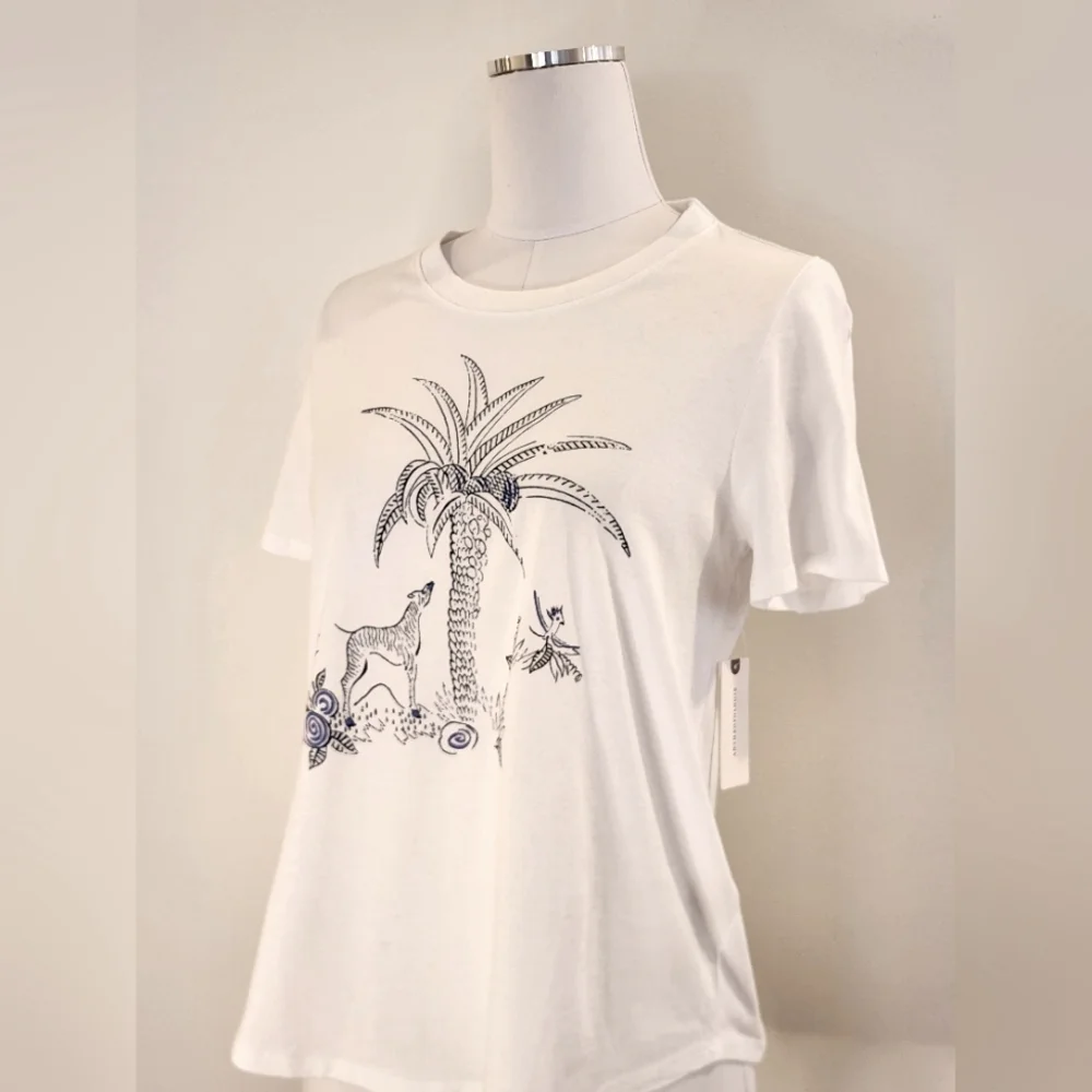 NWT || ANTHROPOLOGIE || Zebra Palm Tree graphic T, white/blue, sz S - Picture 2 of 7